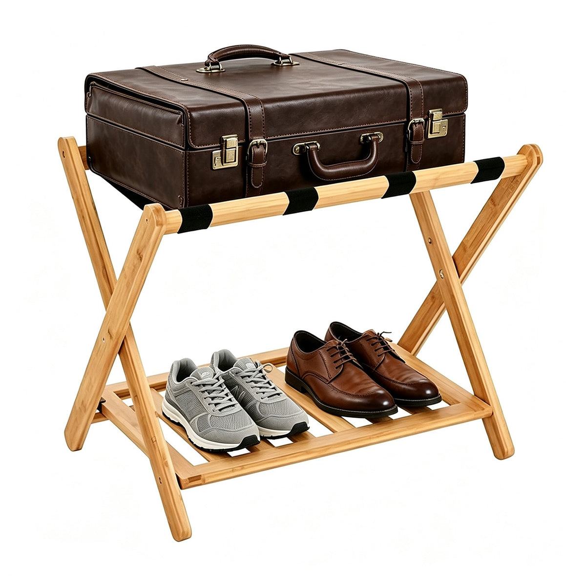 Foldable Wooden Luggage Rack with Dual-Tier Design for Hotel & Home