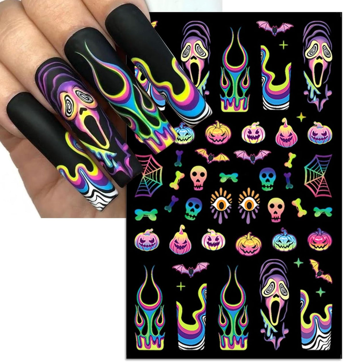 Halloween Nail Stickers Set - Spider Web Bat Skull Designs, 5 Sheets DIY Nail Art