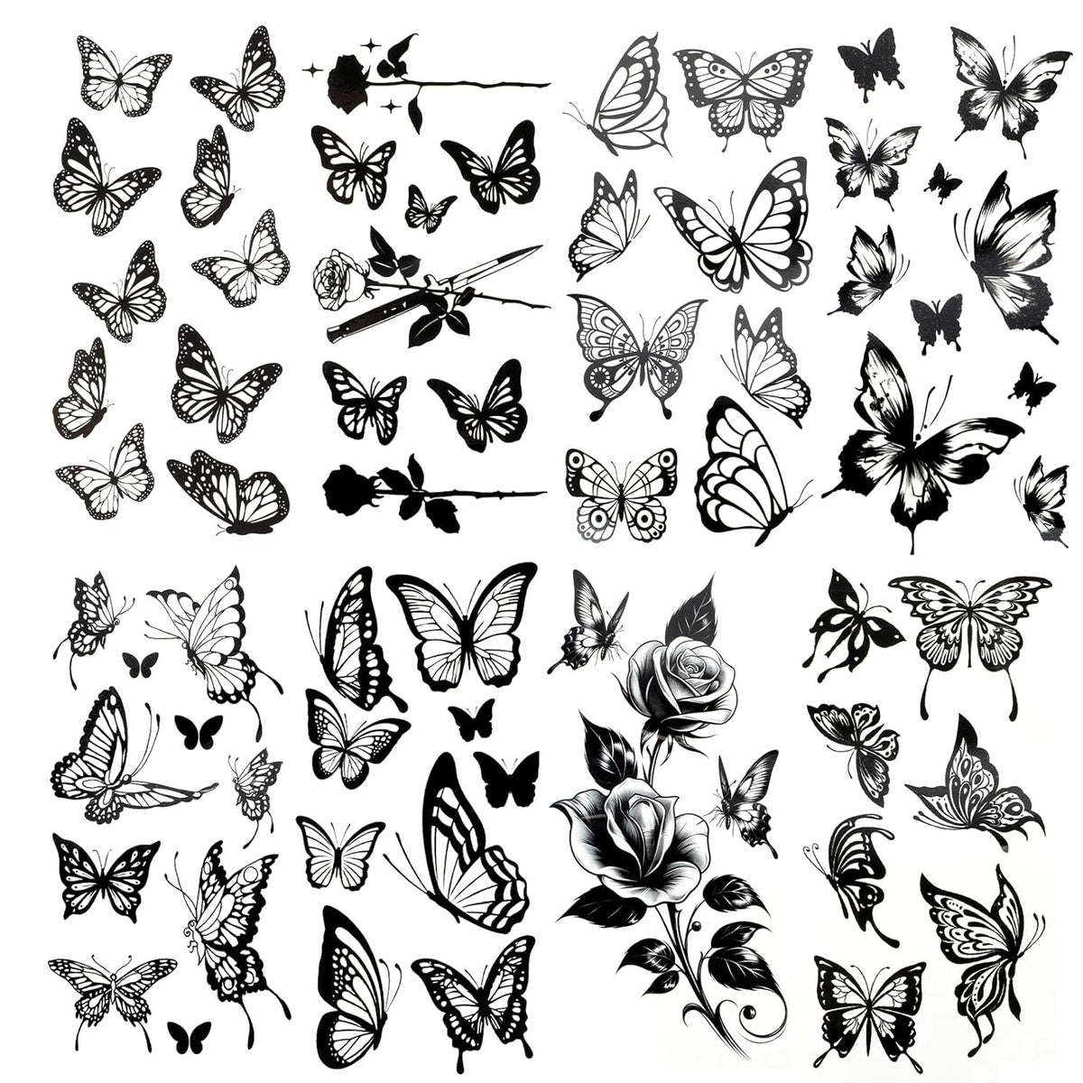 8 Sheets Black Butterfly Temporary Tattoos Waterproof 21x9.8cm
