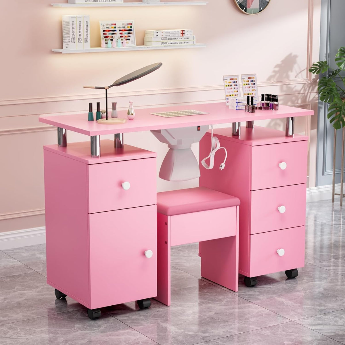 Professional Nail Desk and Chair Set with Dust Suction System, Storage Drawers