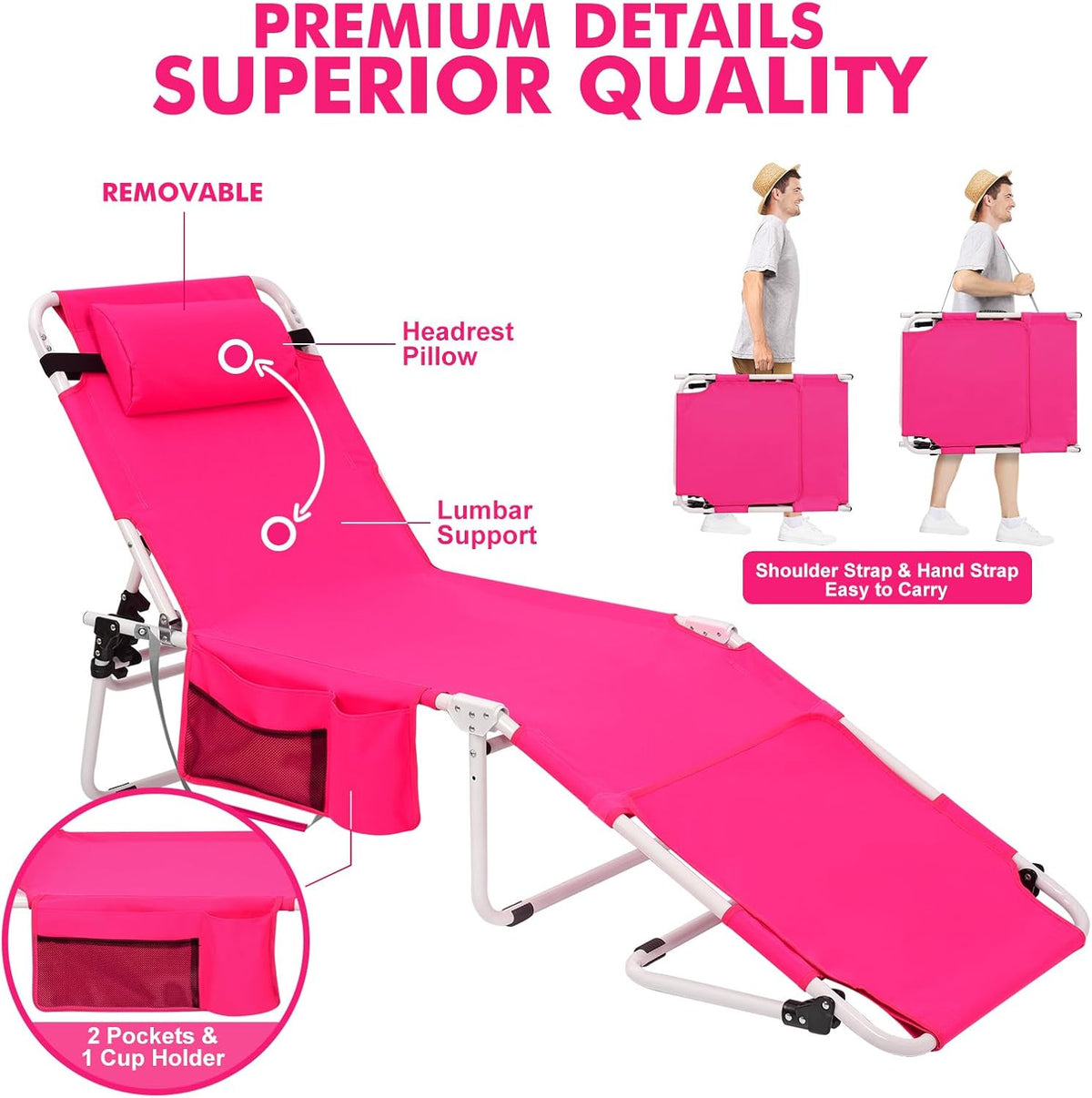 Outdoor Folding Sun Lounger with Canopy and Face Hole - Heavy Duty Pink