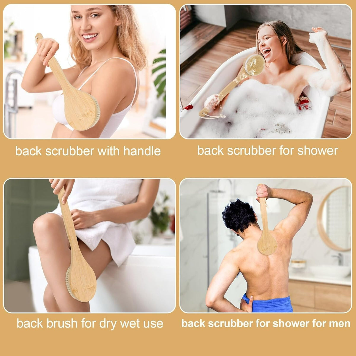 Bamboo Body Brush with Soft Bristles & Long Non-Slip Handle - Shower Back Scrubber