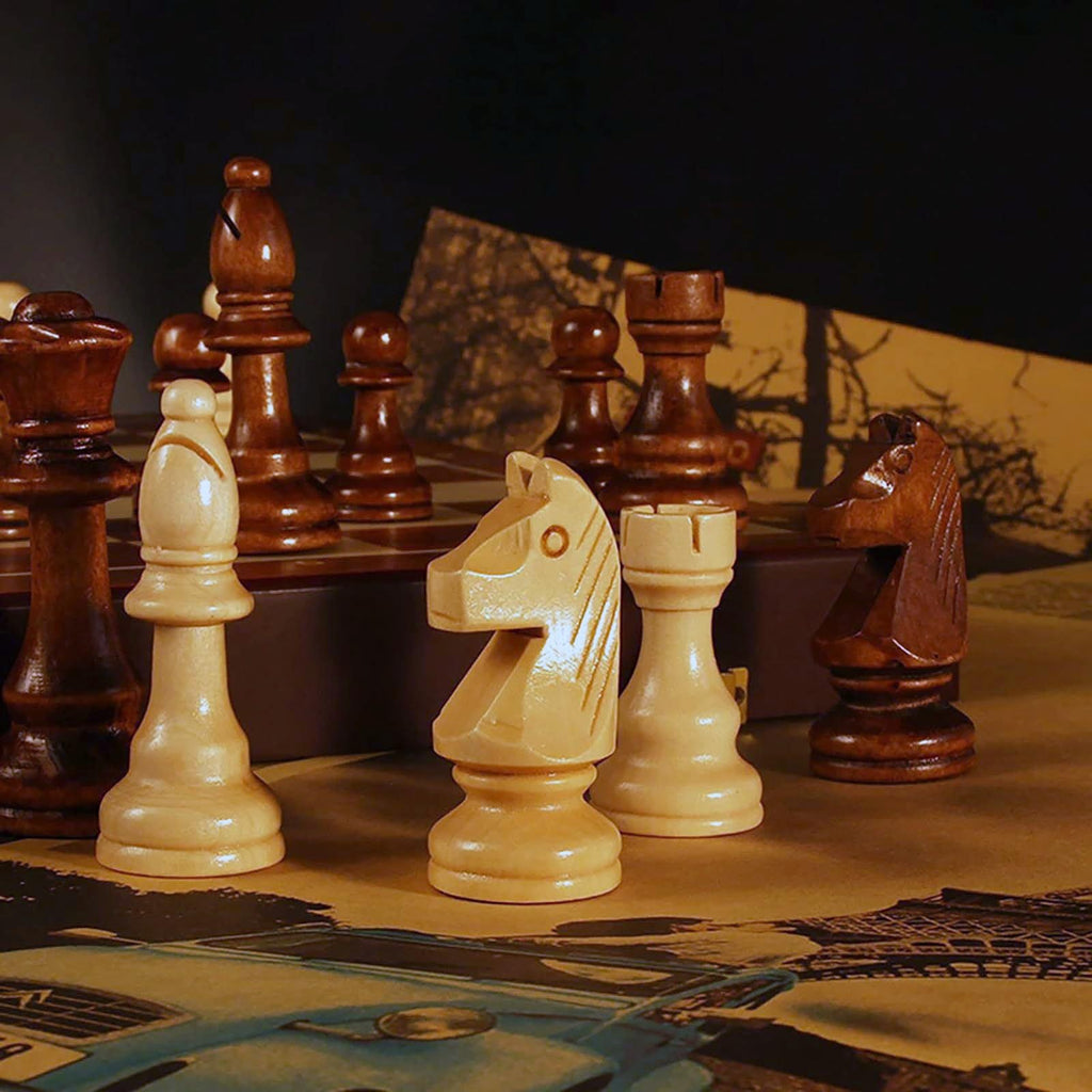 15-Inch Folding Walnut Chess Set with Storage and Travel Case