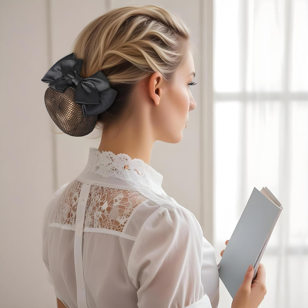 Women’s Satin Bow Hair Net for Buns - Black, Pack of 2