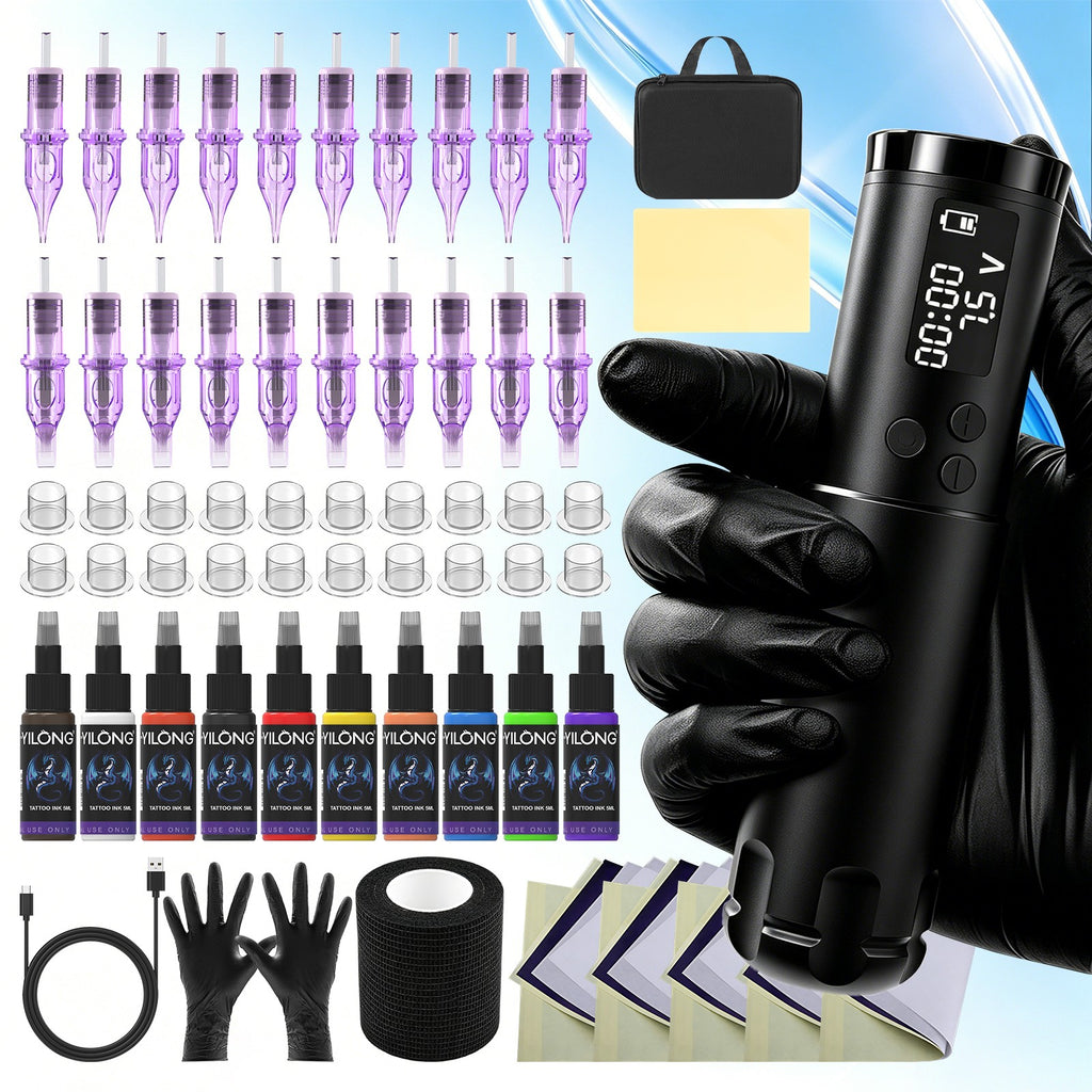 Tattoo Pen Machine Kit with Coreless Motor, 1300mAh Battery, Wireless Power