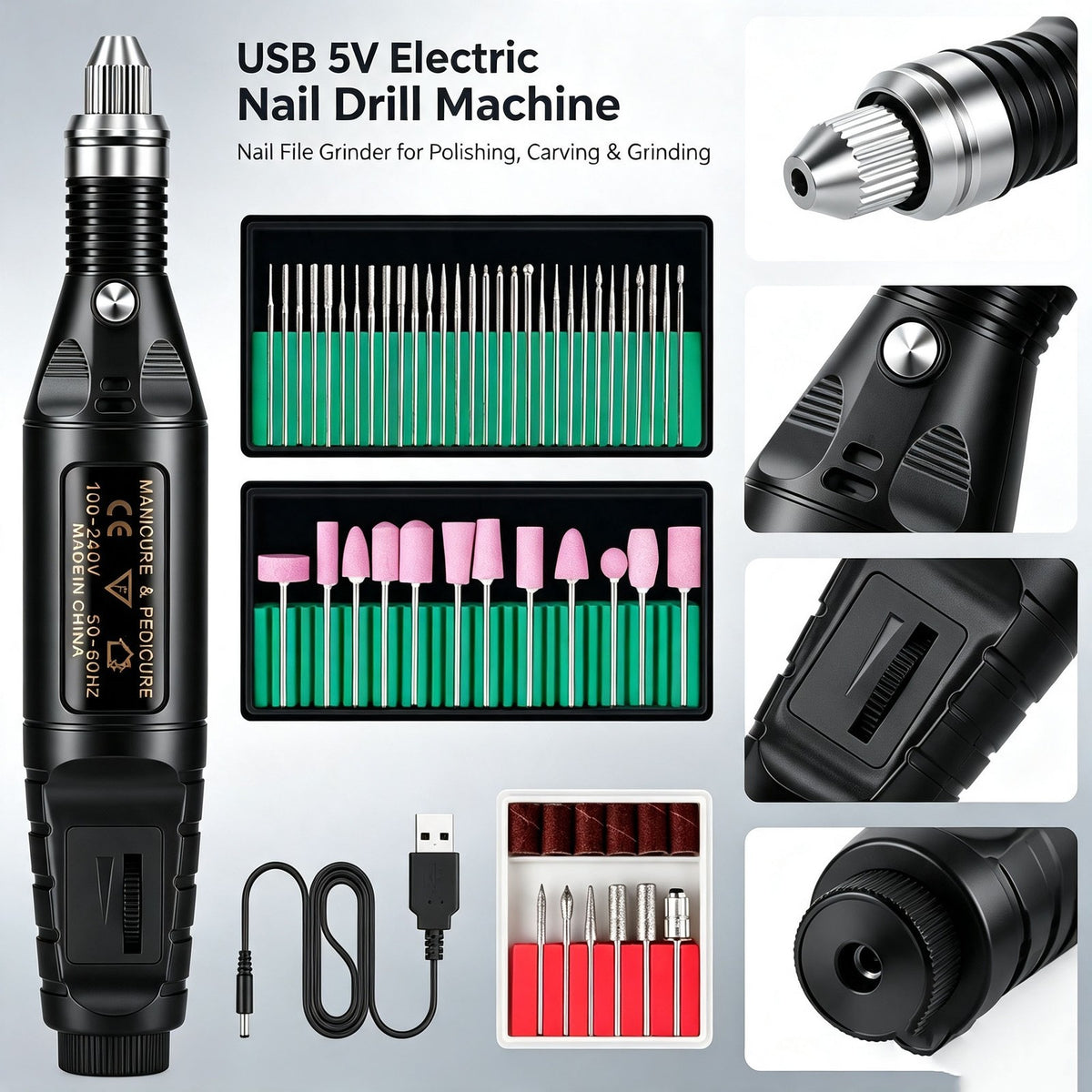 Electric Nail Grinder Set for Thick Toenails Manicure Pedicure with USB Power