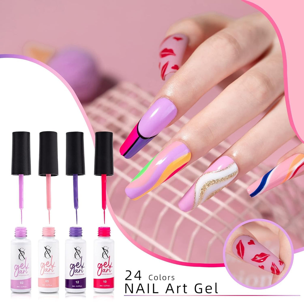 24-Color Gel Nail Art Liner Set with Brush - Precision, Vibrant Colors