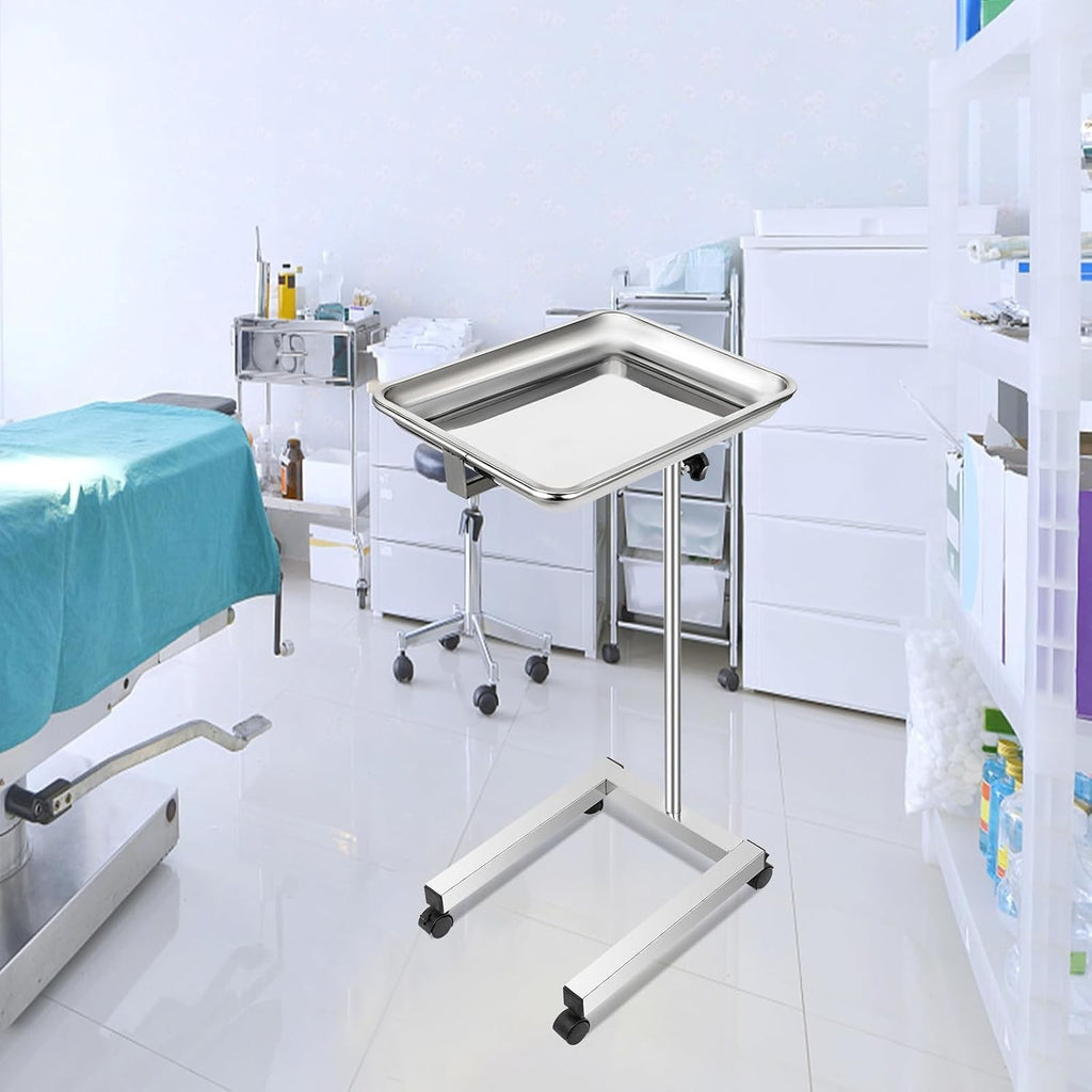 18x14 Stainless Steel Mayo Tray Stand with Swivel Wheels for Medical & Salon Use