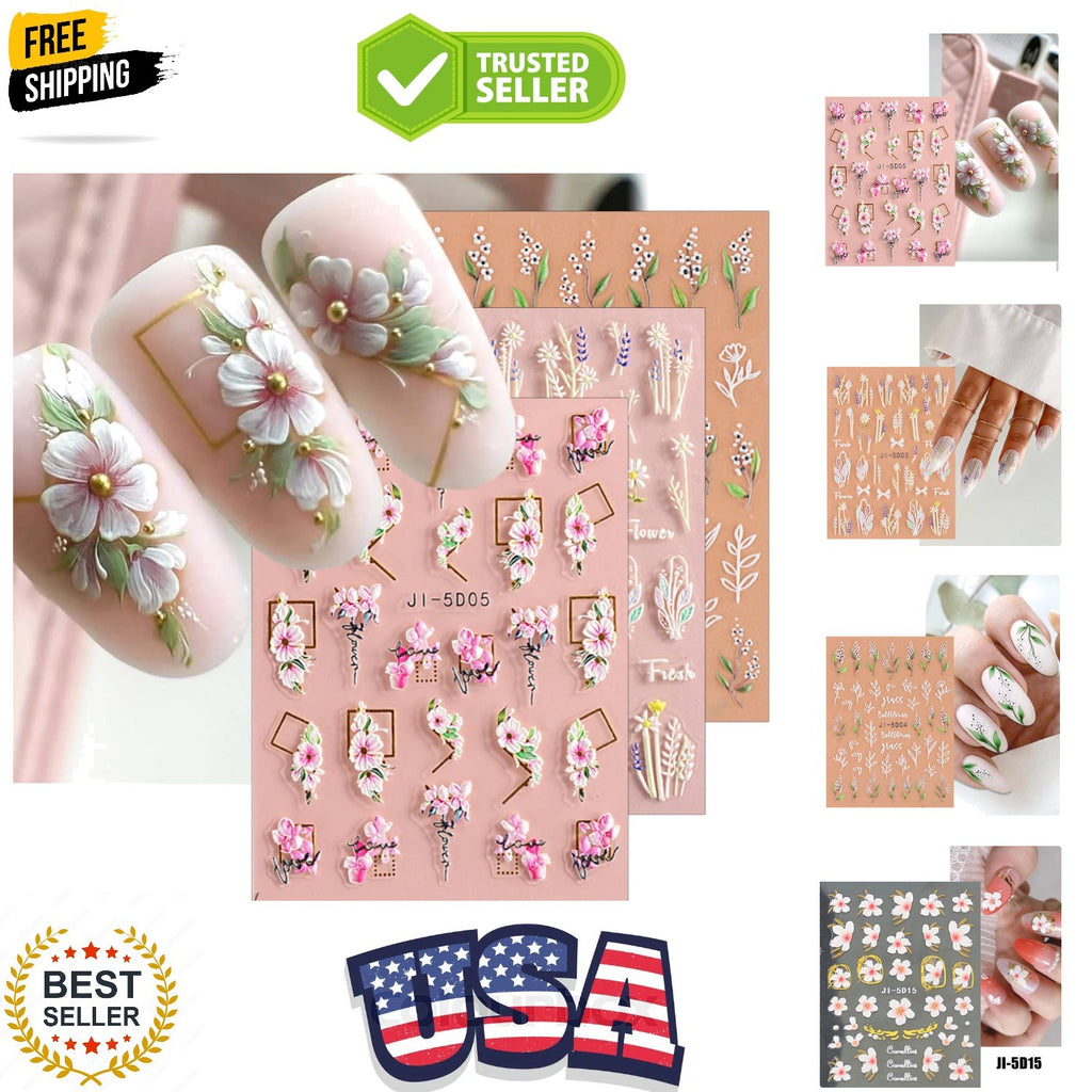 3D Embossed Flower & Leaf Nail Art Stickers Set - Self-Adhesive Decor