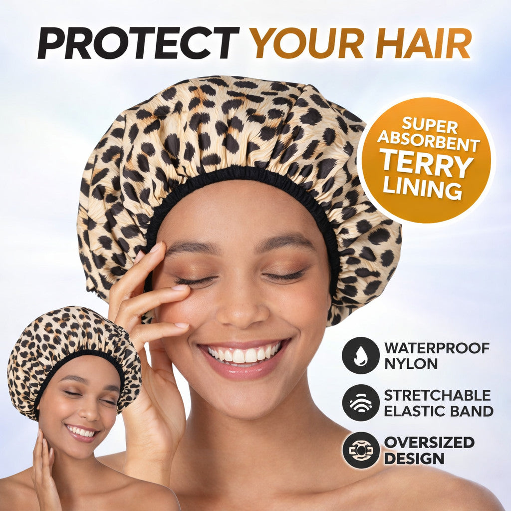 Reusable Waterproof Shower Cap Leopard Print Oversized Nylon Hair Cover