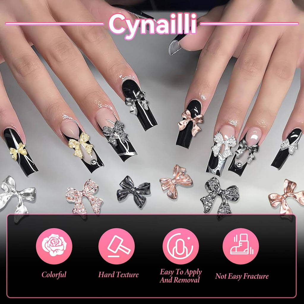 Metal Bow Nail Charms 60 Pcs for Nail Art - 12 Styles Silver Gold Black