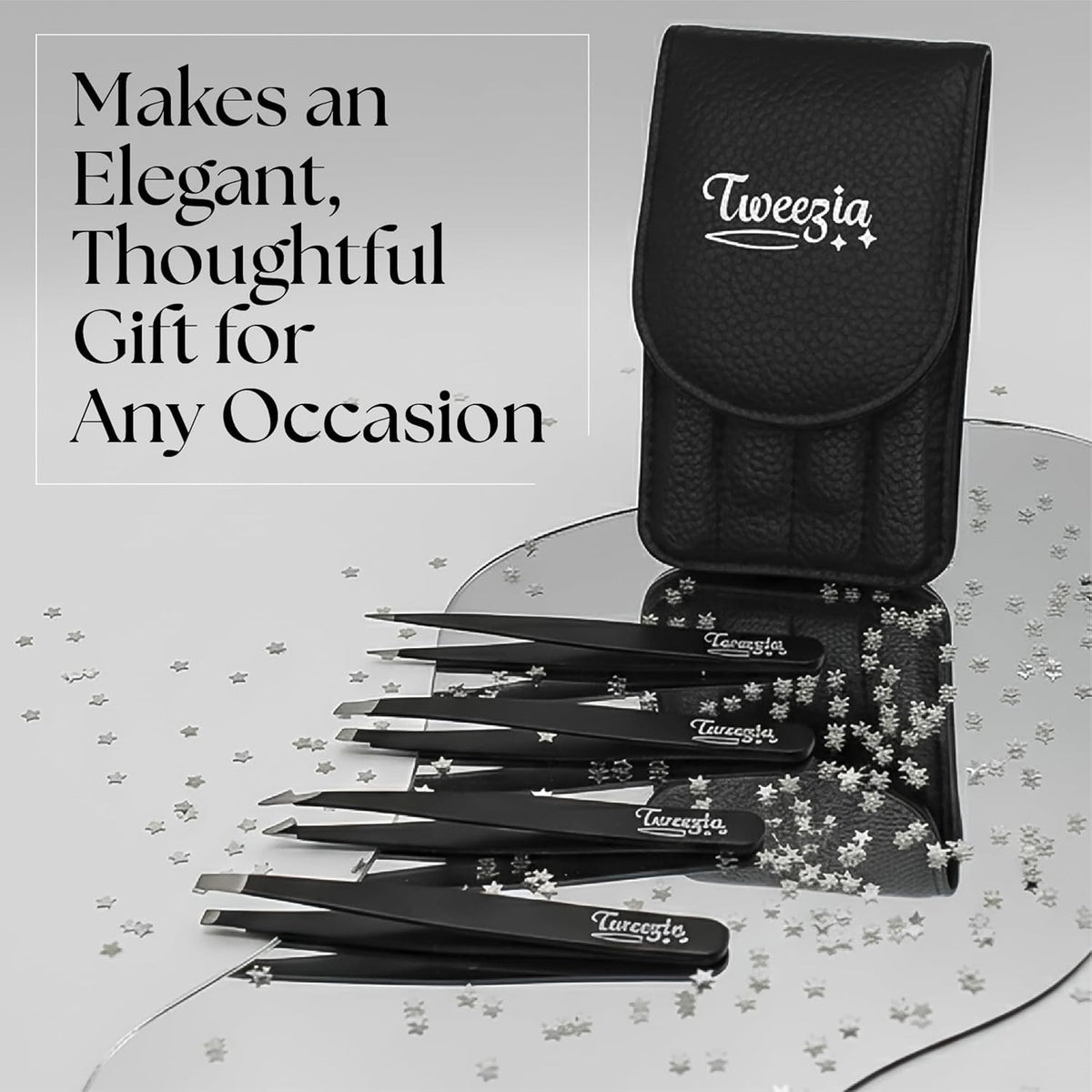 Stainless Steel Precision Tweezers Set with Mirror Case - 4 Piece Eyebrow & Facial Grooming Kit