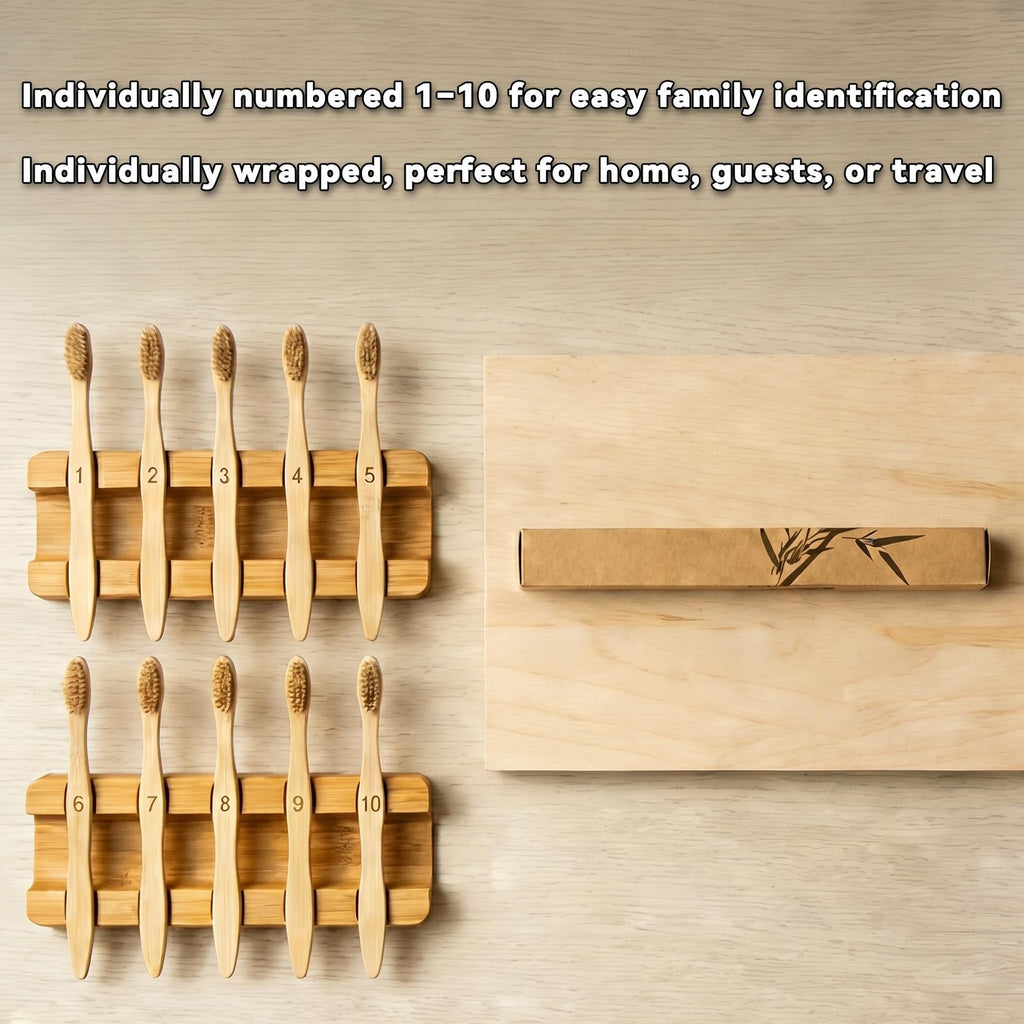 Natural Boar Bristle Bamboo Toothbrush 10 Pack - Eco-Friendly & Self-Standing