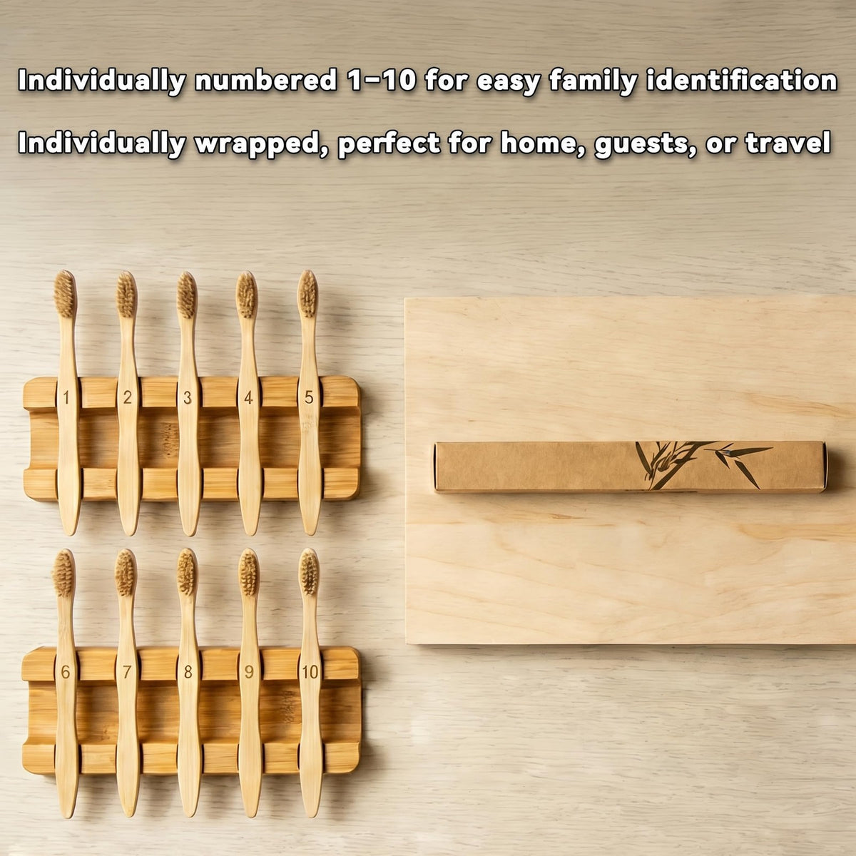 Natural Boar Bristle Bamboo Toothbrush 10 Pack - Eco-Friendly & Self-Standing