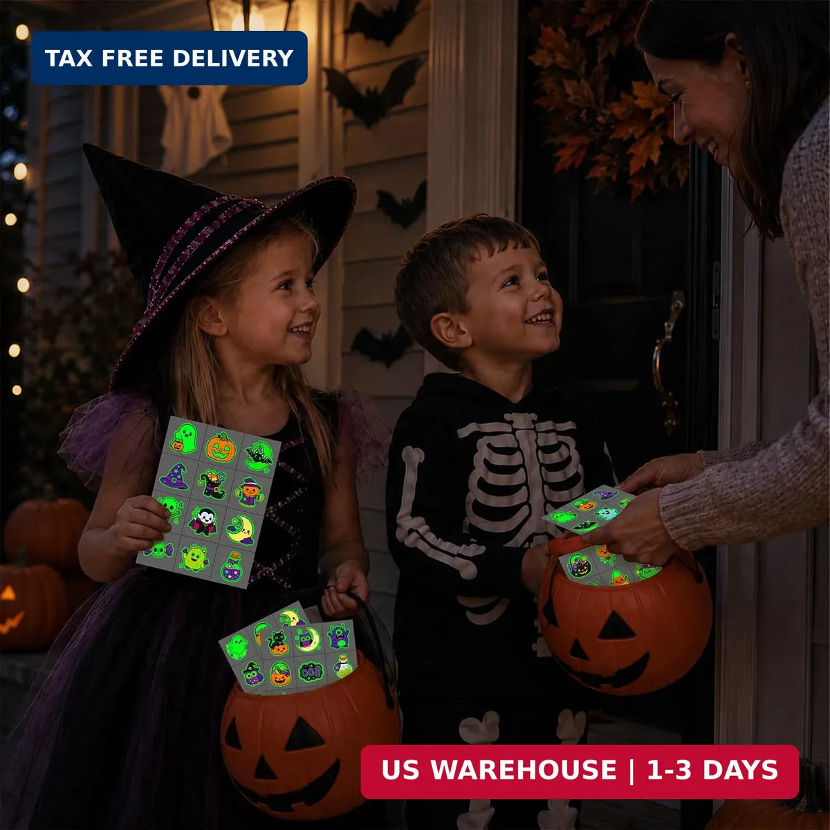 Glow-in-the-Dark Halloween Temporary Tattoos for Kids – 96 Designs