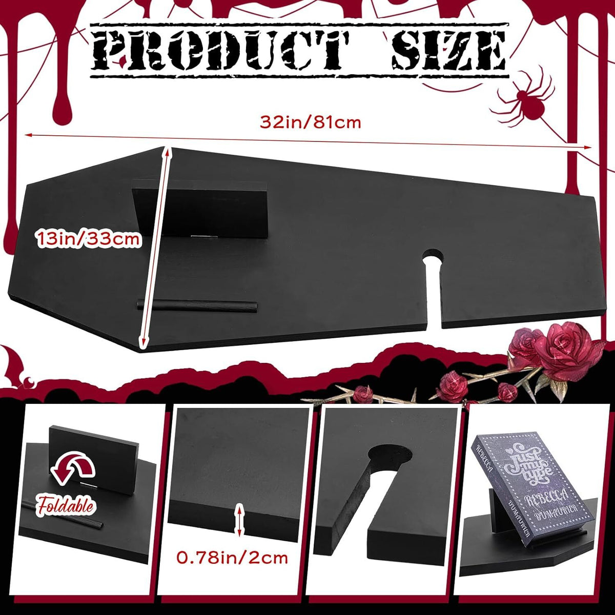 Halloween Coffin Bath Tray with Wine Notch and Book Holder - Black