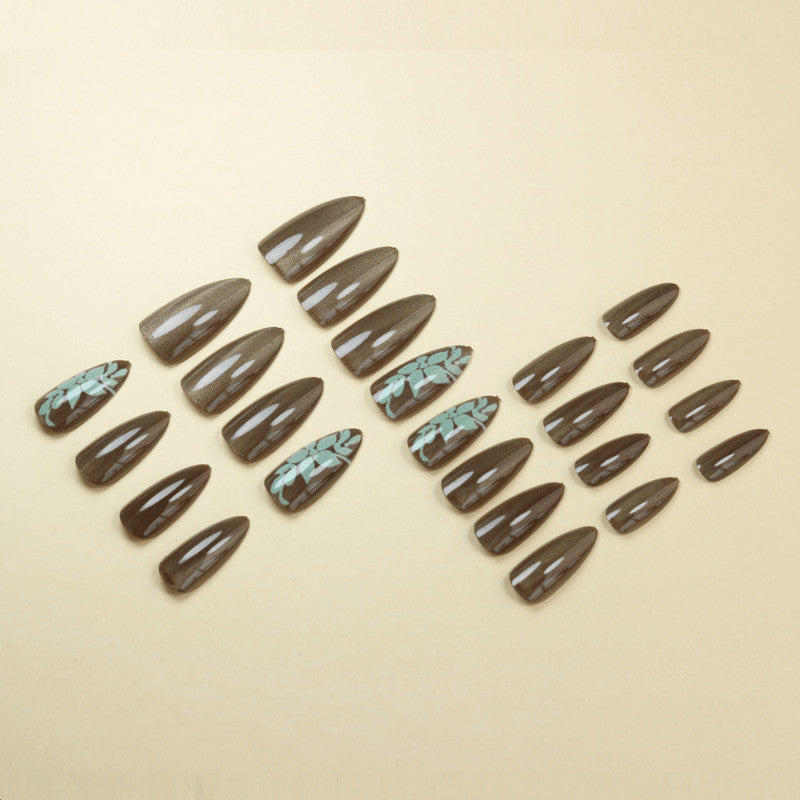 48Pcs Long Almond Green Cat Eye Floral Pearl Fake Press-On Nails Set