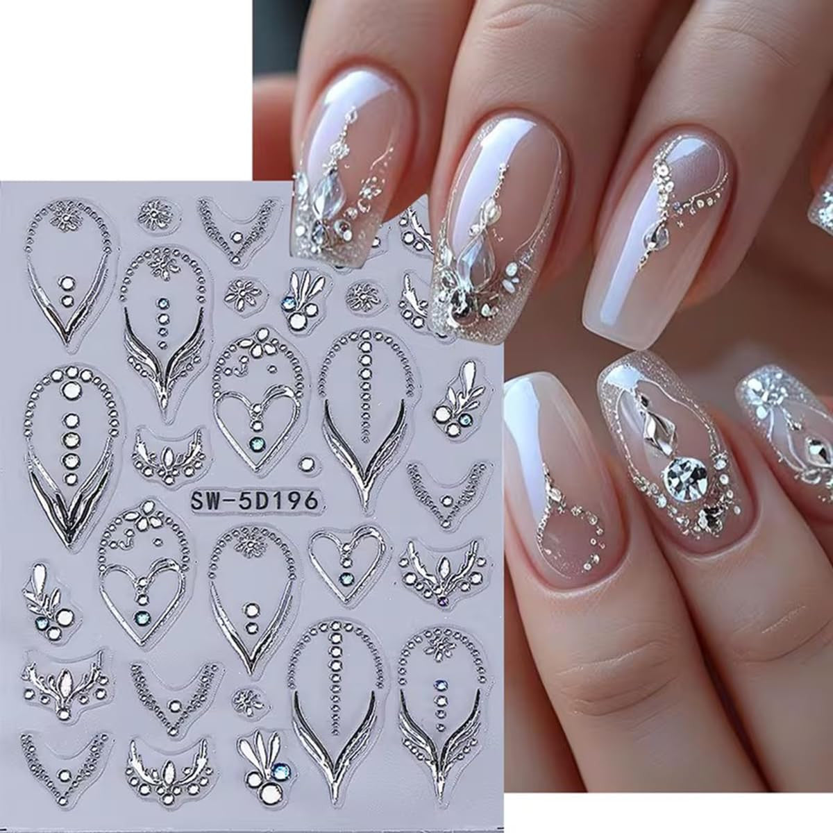 French Nail Art Stickers with 3D Rhinestones & Embossed Designs - 2PCS