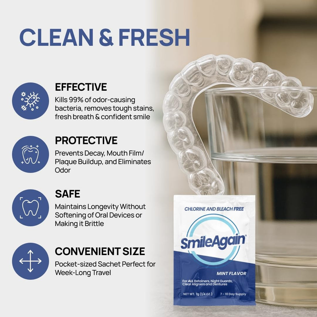 Retainer & Denture Cleaner Powder 22 Pack for All Dental Appliances - Mint Flavor