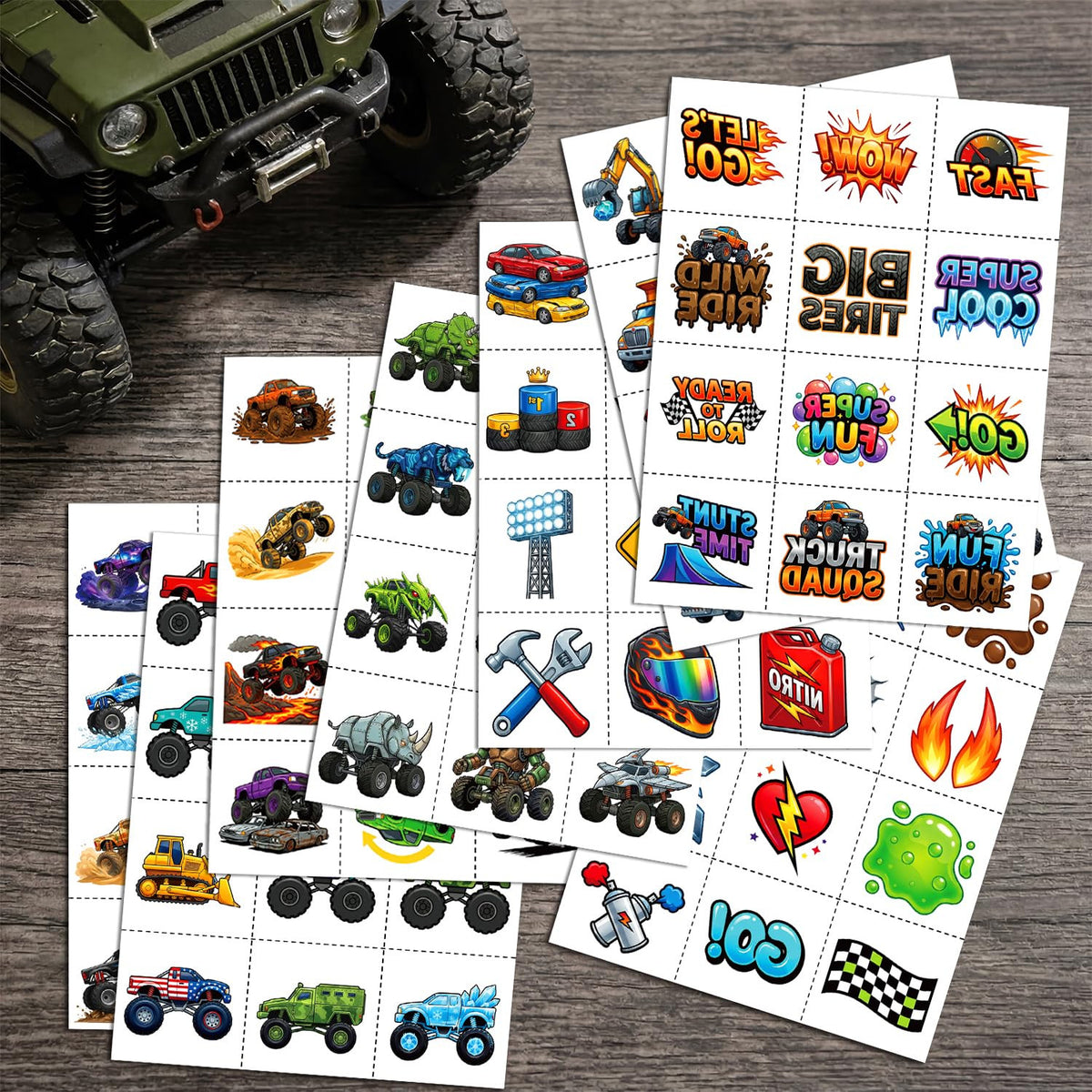 Monster Truck Temporary Tattoos for Kids Age 4-7 – Pre-Cut, No Scissors Needed