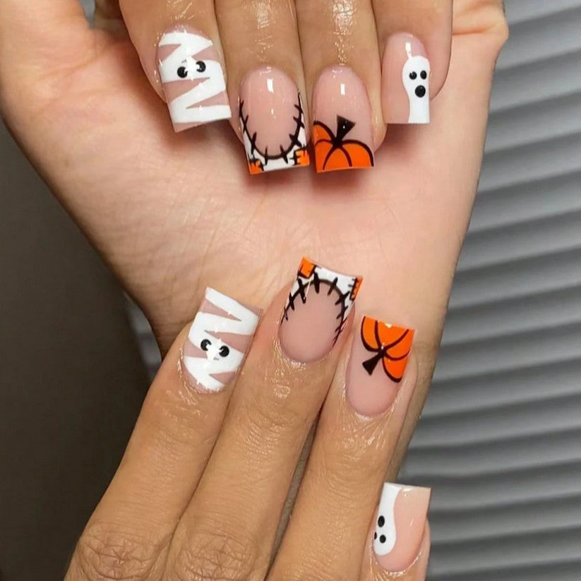Medium Full Cover Pumpkin Patch Nail Tips Set with Glue & File