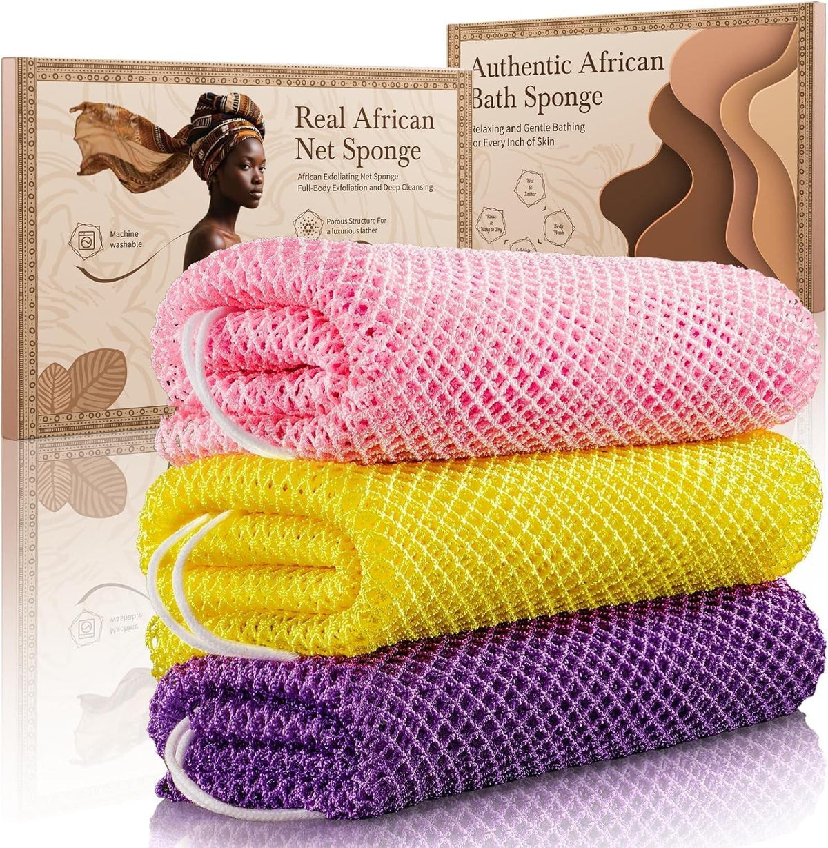 African Net Sponge 3 Pieces Exfoliating Body Scrubber Loofah Bath Sponge