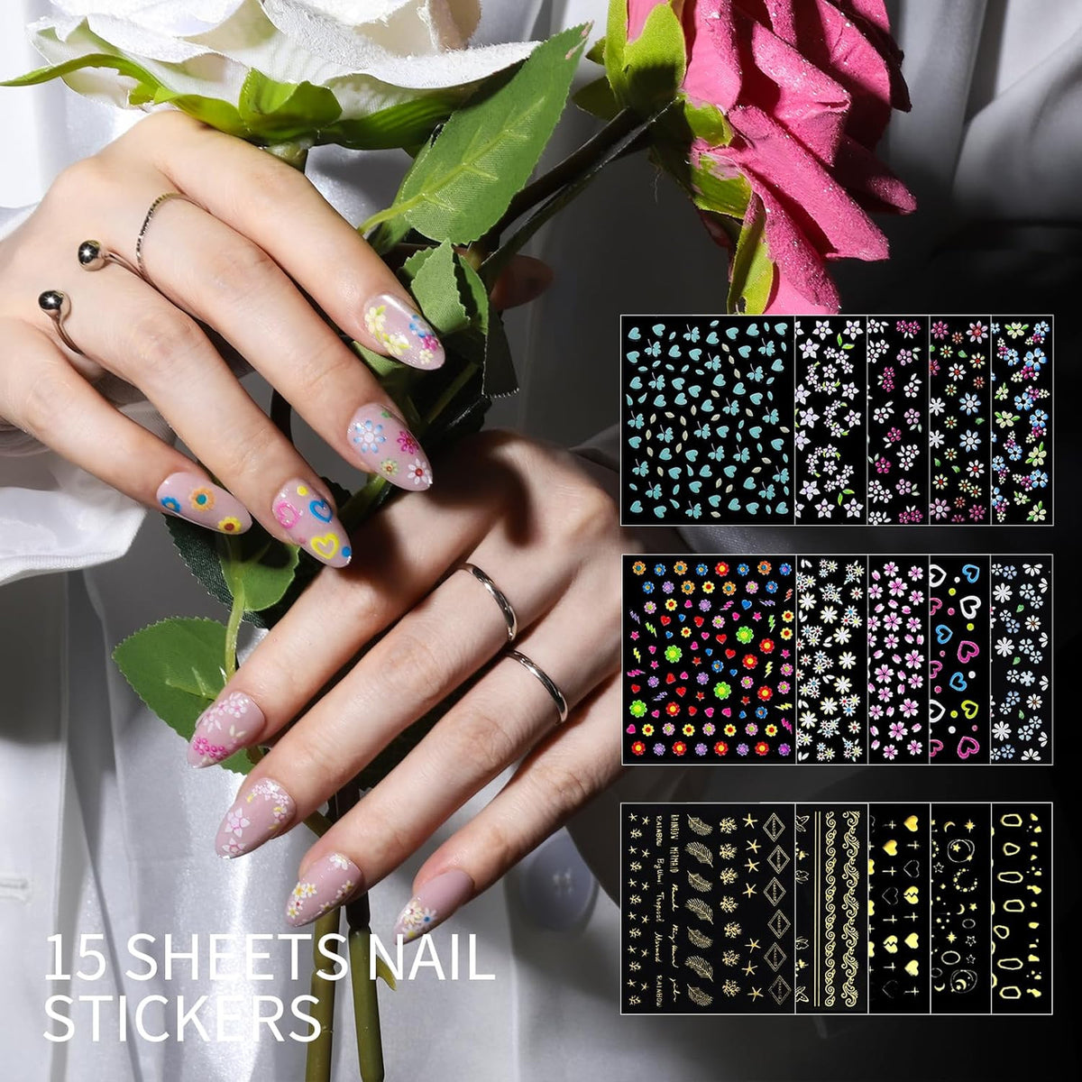 Nail Charms and Gems Set with 3D Nail Art Stickers for DIY & Salon Use