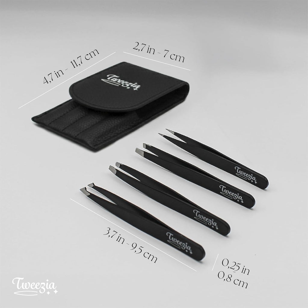 Stainless Steel Precision Tweezers Set with Mirror Case - 4 Piece Eyebrow & Facial Grooming Kit