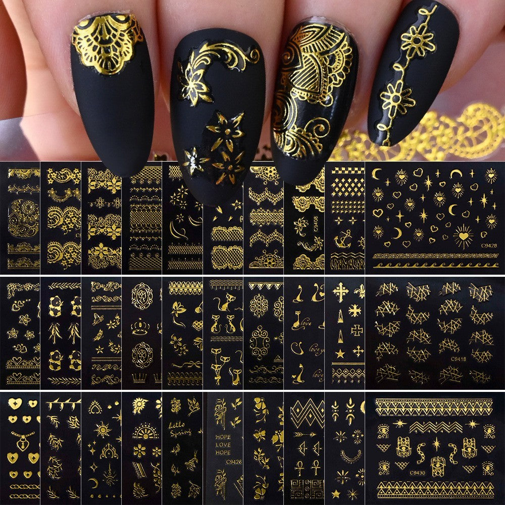 Gold Lace Moon and Star Nail Art Stickers - 10 Sheets for Elegant Nail Decoration