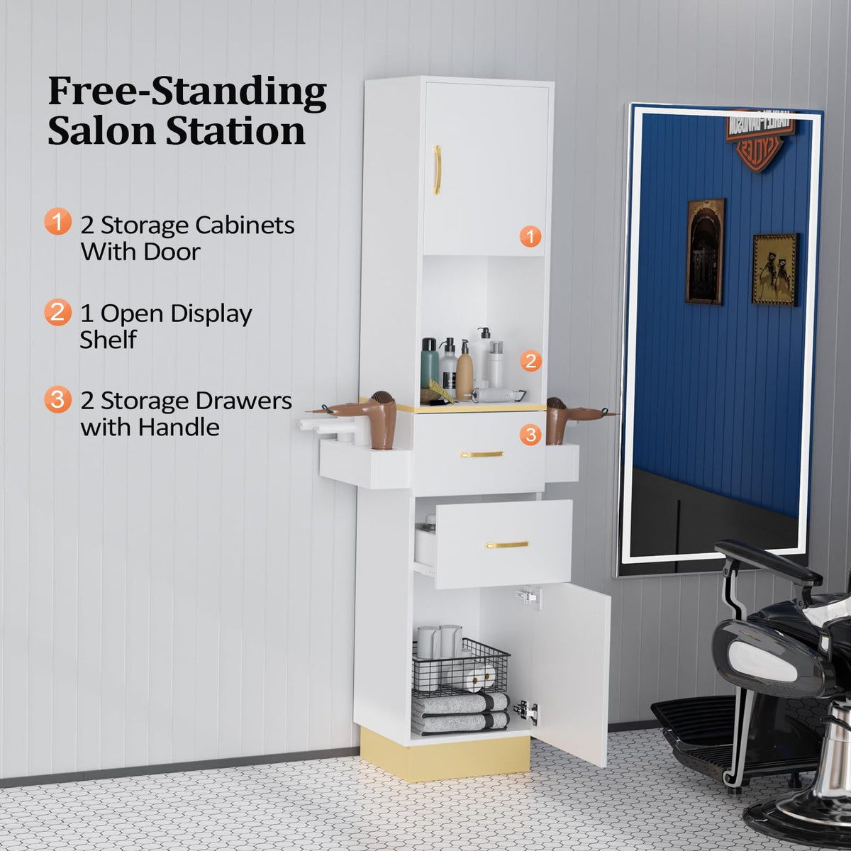 Salon Storage Station with 2 Drawers & 6 Hair Dryer Holders - White Gold