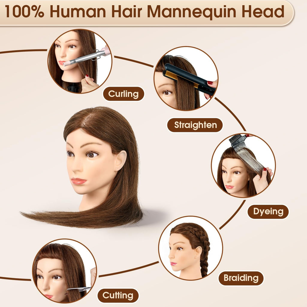 18 Inch Real Human Hair Mannequin Head for Hair Styling Training Kit