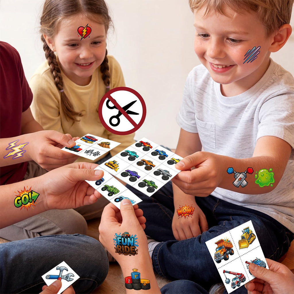 Monster Truck Temporary Tattoos for Kids Age 4-7 – Pre-Cut, No Scissors Needed