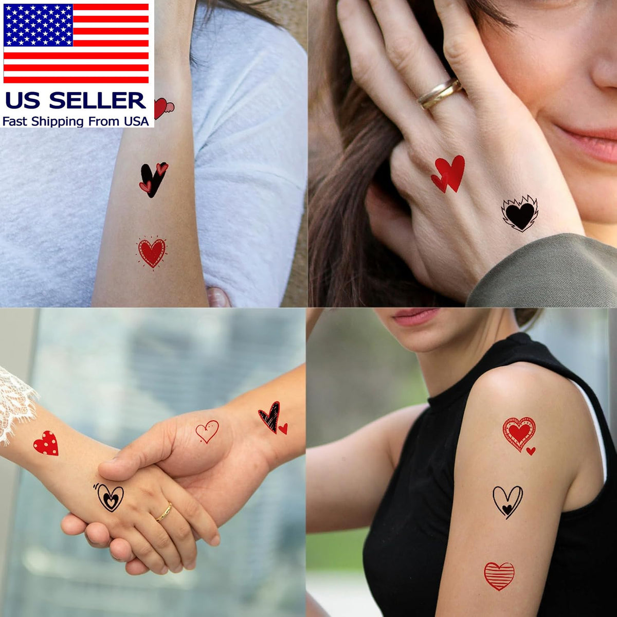Temporary Tattoo 8-Sheet Set - Black Red Heart Design for Women