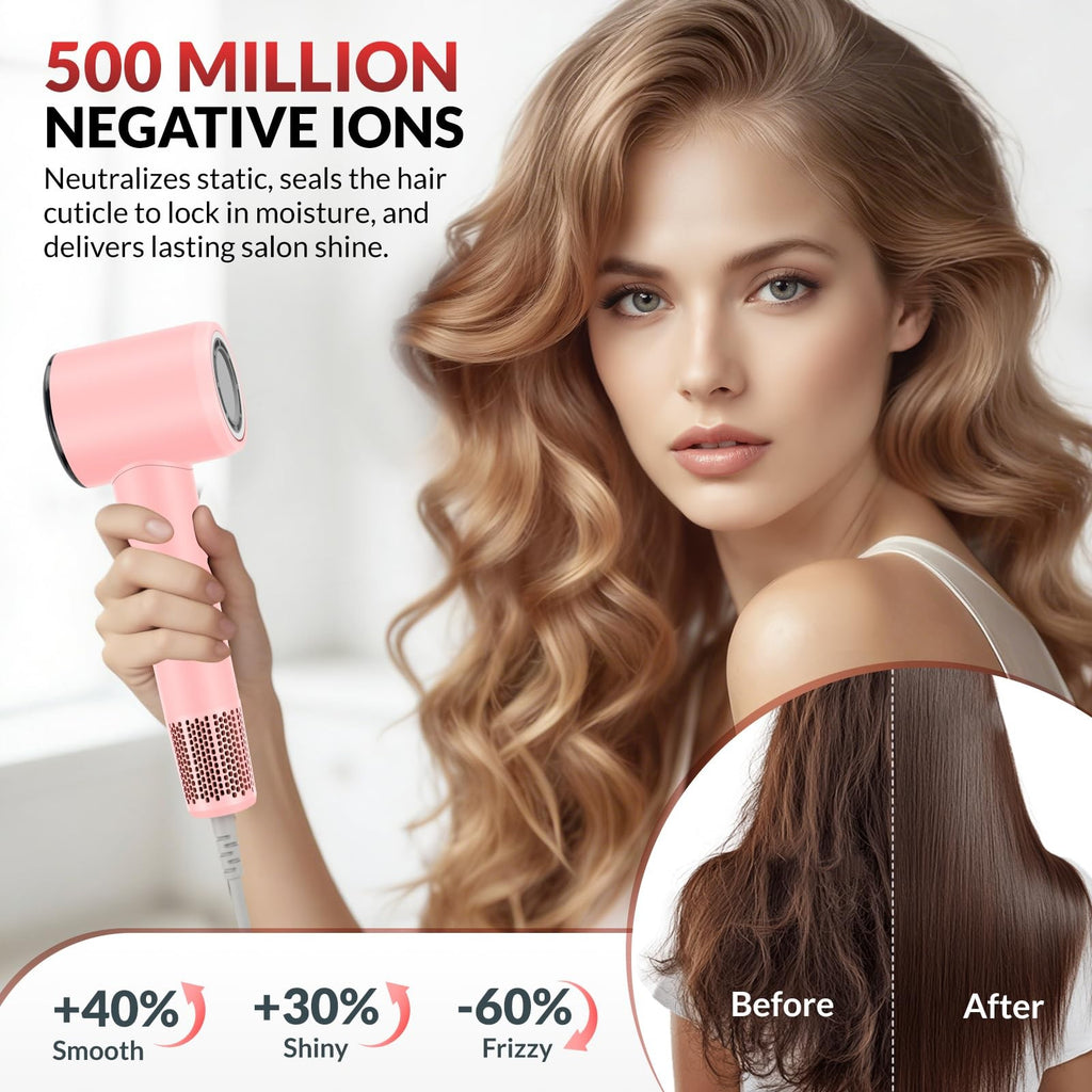 Pink Ionic Travel Hair Dryer with Diffuser - Fast & Quiet Styling