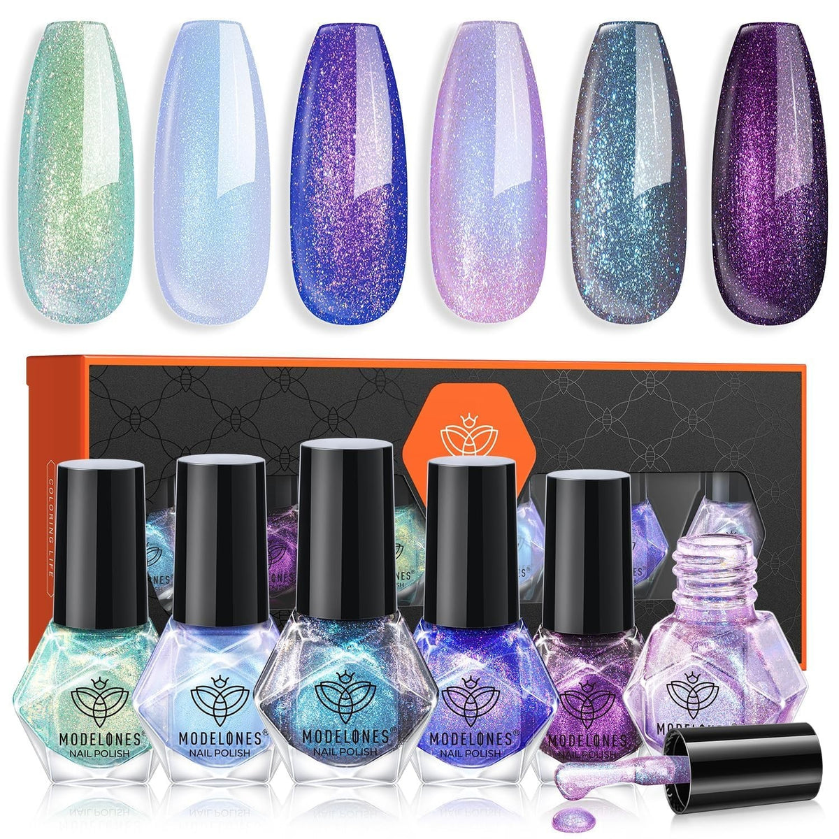 Quick Dry Holographic Nail Polish Set - 6 Vibrant Aurora Colors