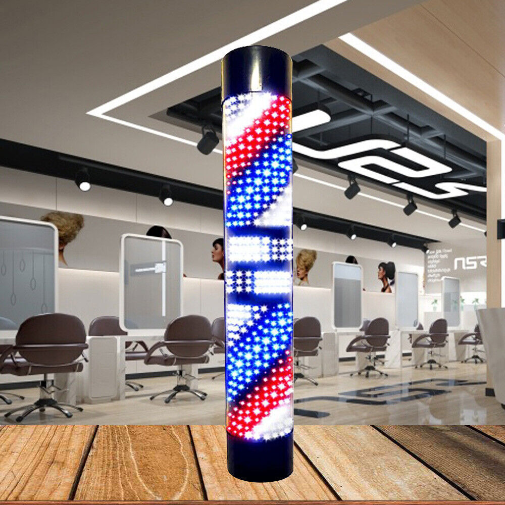 LED Barber Pole Light - Rotating Sign for Hair Salons, Wall Mount, Red White Blue Stripes