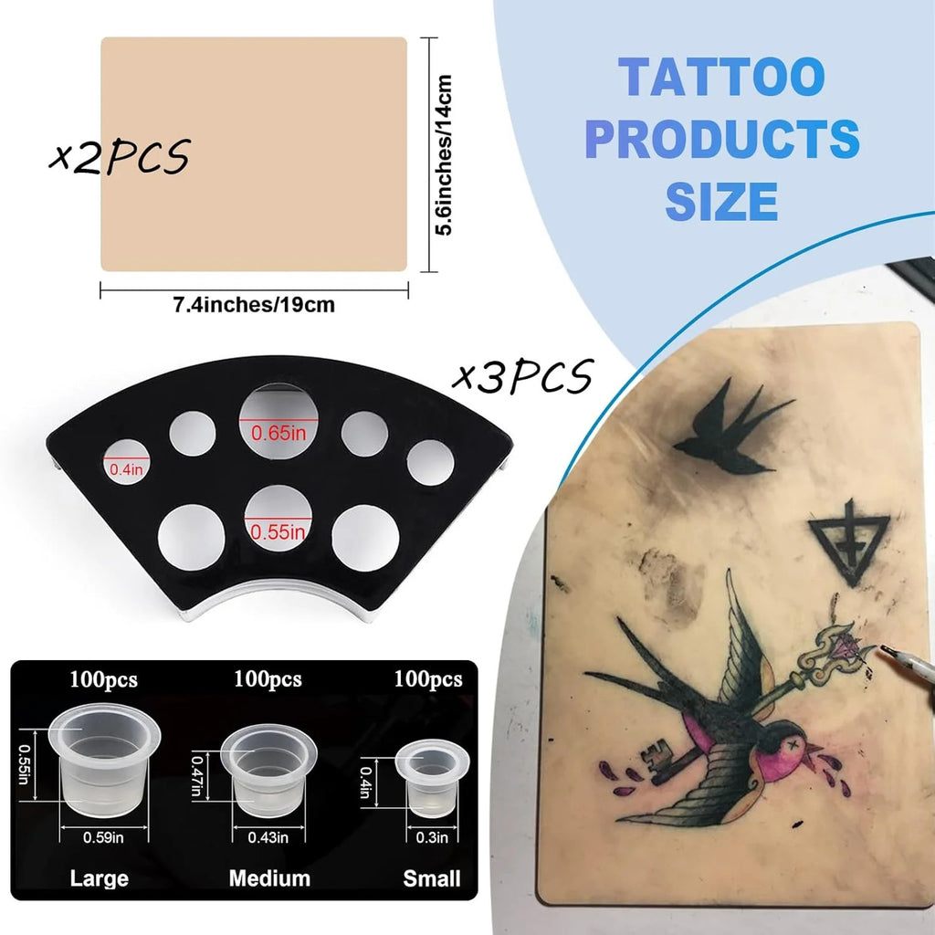 Tattoo Ink Cap Kit 305Pcs 3mm Practice Skin & Caps Set – Silicone Fake Skin for Ink Mixing