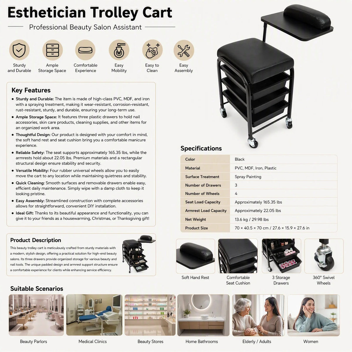 Salon Storage Trolley Cart with 3 Drawers & 360° Rotating Hand Rest - Professional Nail & Beauty Station