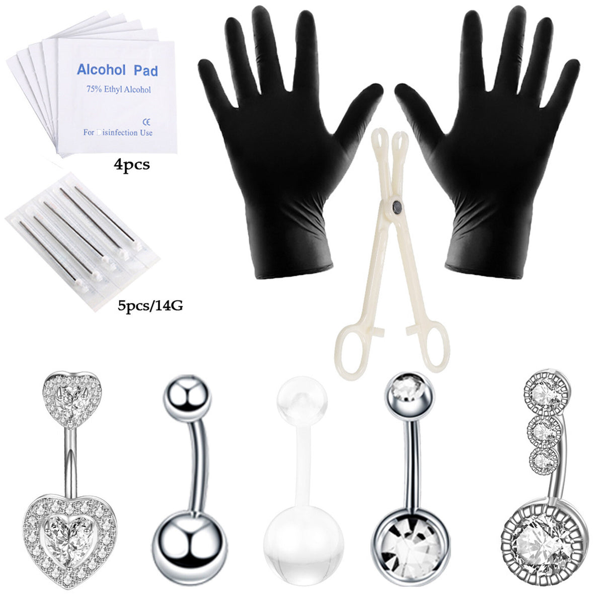 14G Stainless Steel Navel Piercing Kit - 17-Piece Professional Belly Button Body Jewelry Set