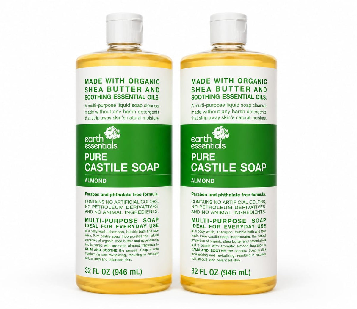 Almond Castile Liquid Soap - Multi-Purpose Organic Body Wash & Shampoo - 32 oz (Pack of 2)
