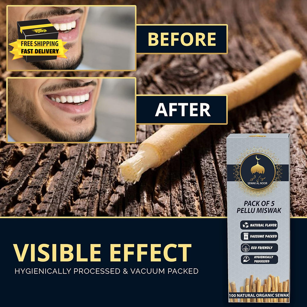 Natural Miswak Tooth Sticks with Holder - Pack of 5, Oral Hygiene & Whitening