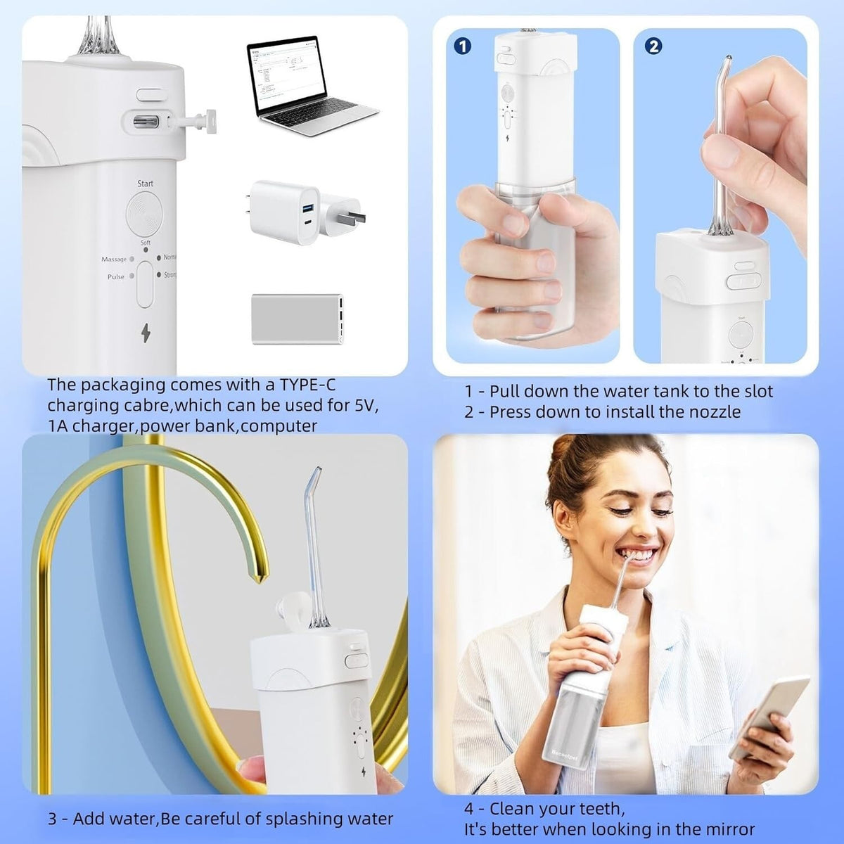 Portable Cordless Water Dental Flosser with 5 Modes, Travel Size, Rechargeable, IPX7 Waterproof