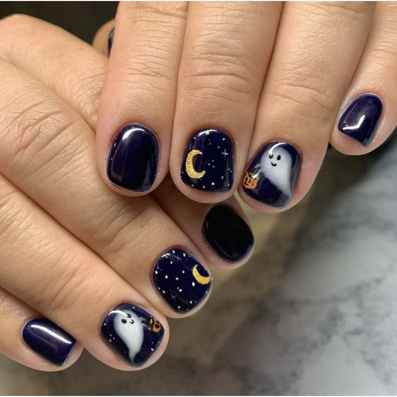 Halloween Press-On Nail Set - Short Square Dark Navy Moon Star Ghost Pumpkin 46 Pieces