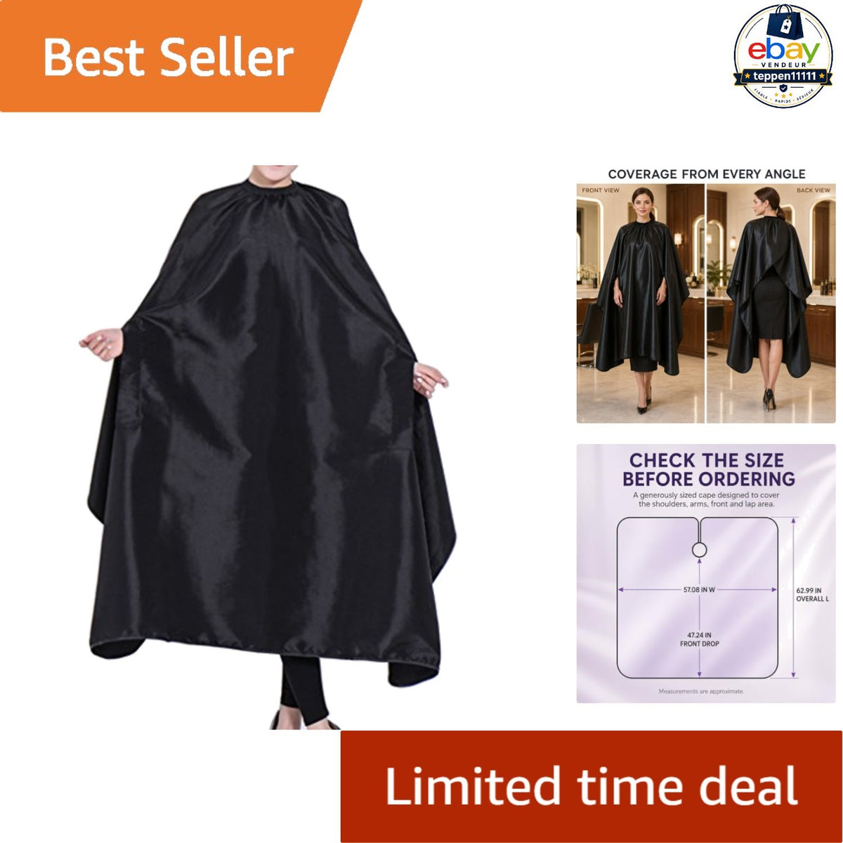 Black Waterproof Hairdressing Cape 57 x 63 Inches Salon Barber Gown