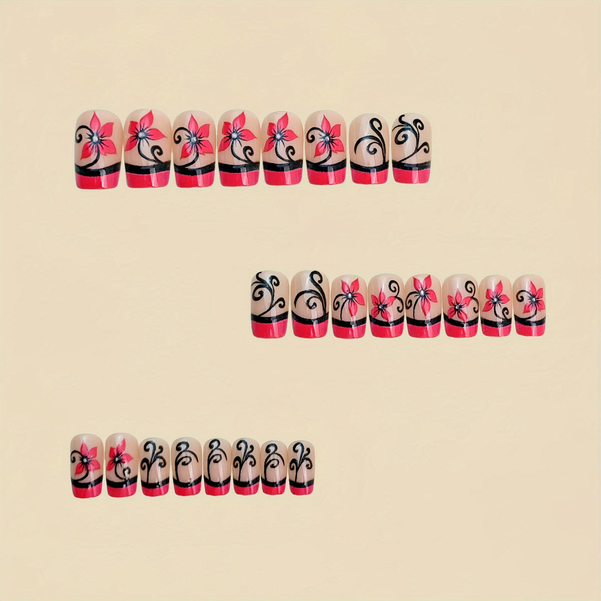 48Pcs Reusable Press-On Nails Set - Pink Black Floral Square Fake Nails