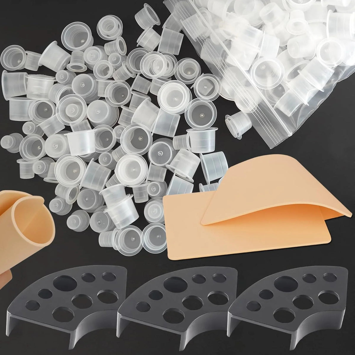Tattoo Ink Cap Kit 305Pcs 3mm Practice Skin & Caps Set – Silicone Fake Skin for Ink Mixing