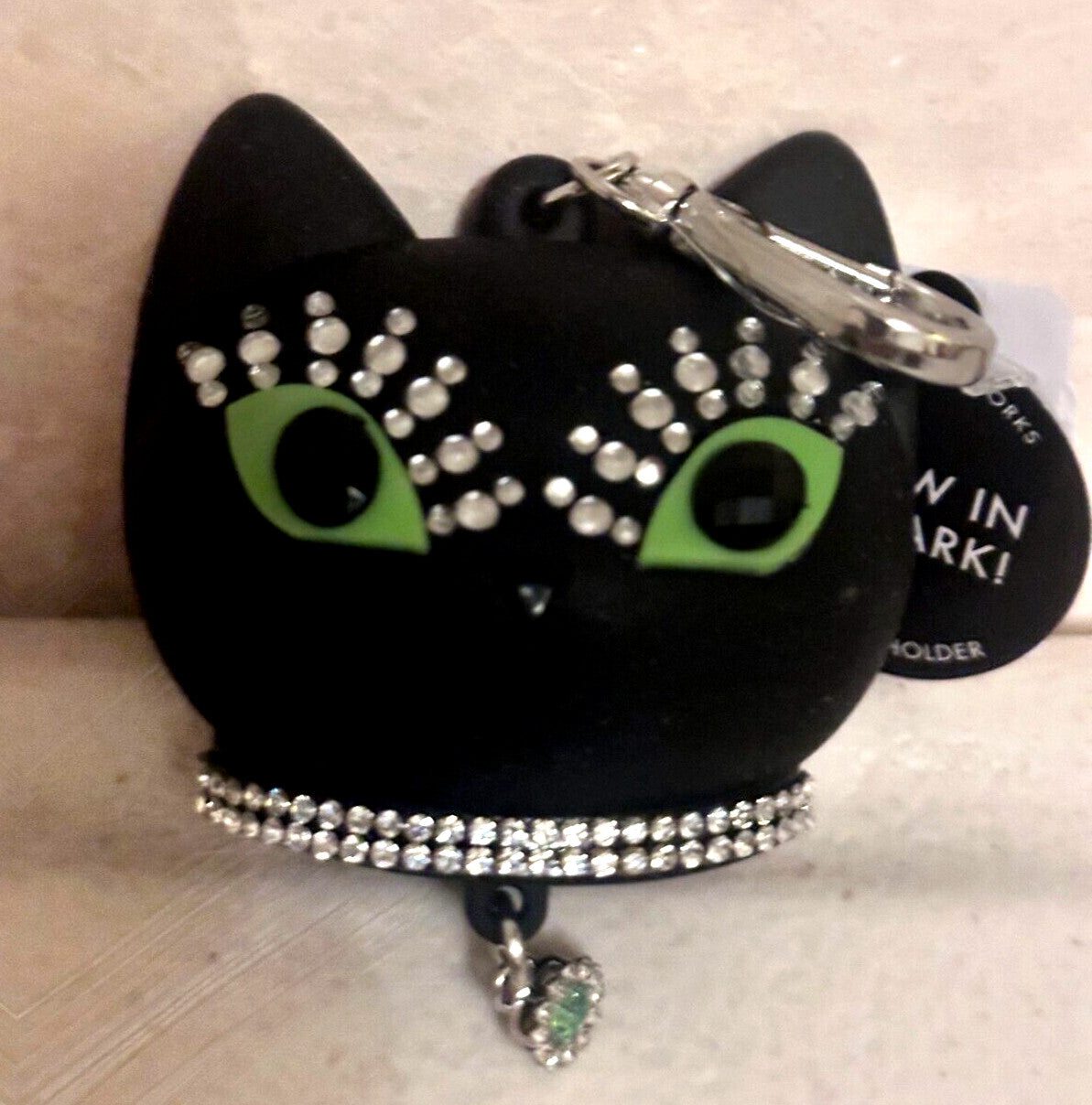 Halloween Cat Jeweled Pocket-Bac Holder with Green Eyes - Hand Sanitizer Keychain Accessory