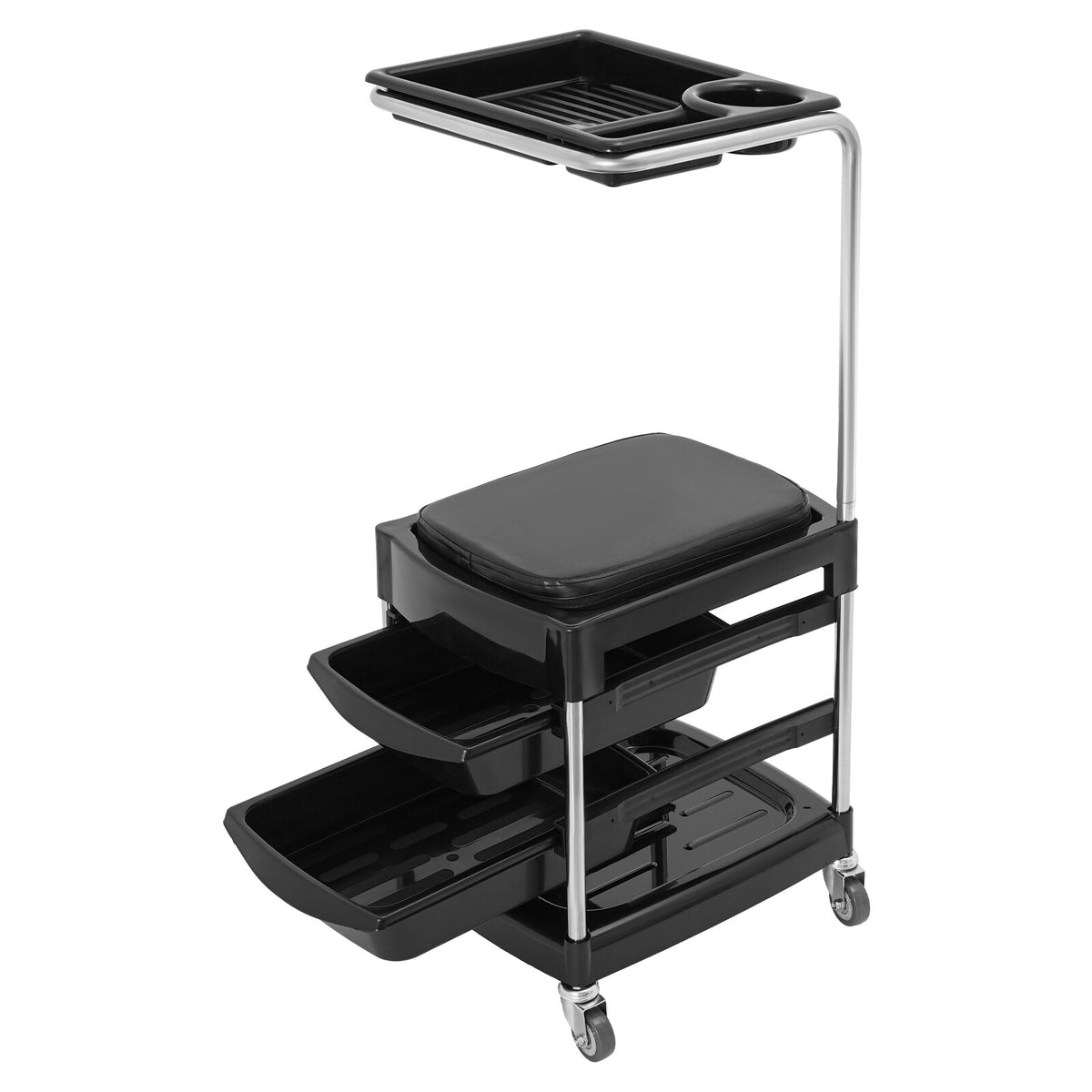 Salon Hair Tool Cart with Seat and 3 Tiers, Rolling Storage Trolley, Black