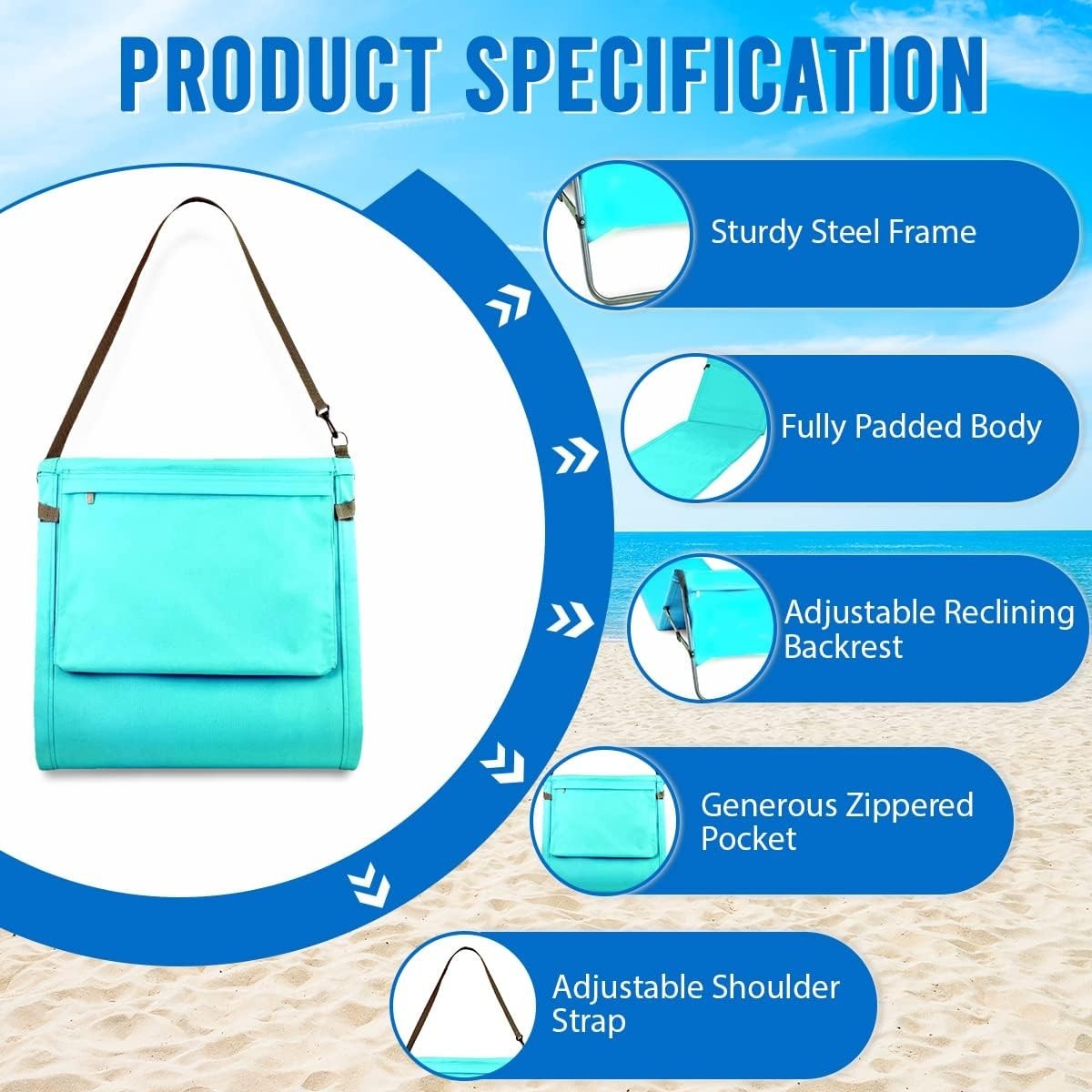 Portable Beach Mat Lounge Chair with Adjustable Backrest and Tote - Blue