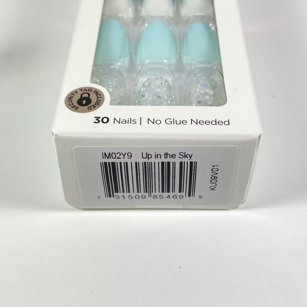 Press On Manicure Kit - Medium Gel Coffin Nails Blue White Silver Glitter